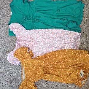 Girls Dresses in Mustard, Pink, and Green
